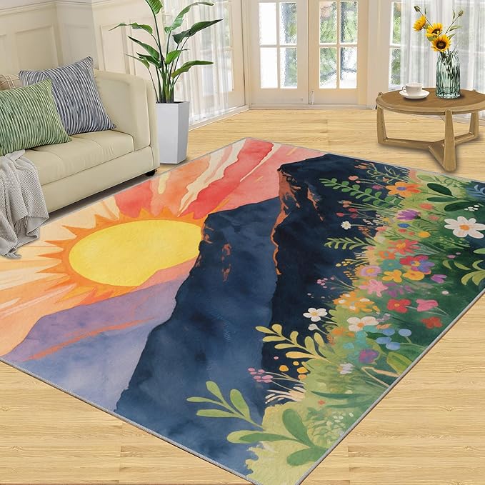 Boho Sun Area Rugs 3x4ft, Minimalist Line Kids Bedroom Rug, Geometric Solar Bedside Rug Durable Non Slip for Cafe Living Room Under Table Boys Room Decor