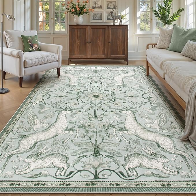 Lahome Boho Animal 6x9 Washable Living Room Area Rugs, Green Soft Rugs for Bedroom, Botanical Large Boho Non Slip Dining Room Carpet for Under Table Office Kids Playroom (6x9ft,Light Green)