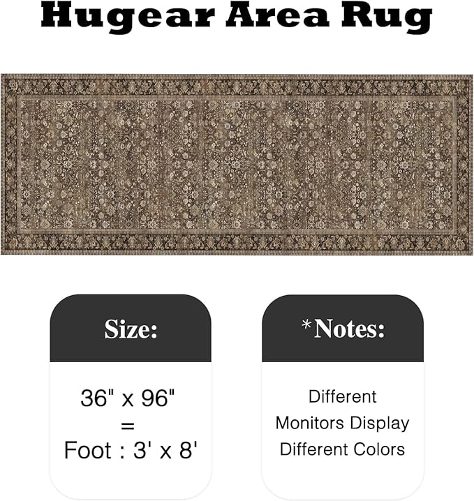 HUGEAR 3x8 Runner Rug Machine Washable Brown Hallway Area Rug Indoor Accent Rugs Floral Low Pile Carpet Soft Throw Rugs Bedroom Living Room Office Dining Kitchen Laundry Non Slip
