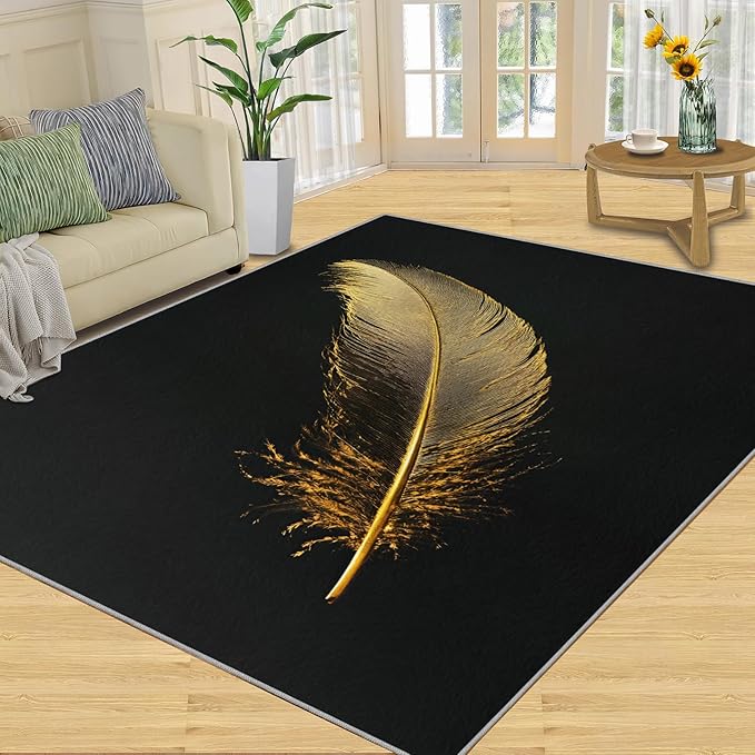 Golden Feathers Rugs for Bedroom - 4x6 Area Rug - Black Gold Feathers Rugs for Living Room, Modern Minimalist Art Rug, Washable Home Decor Carpet