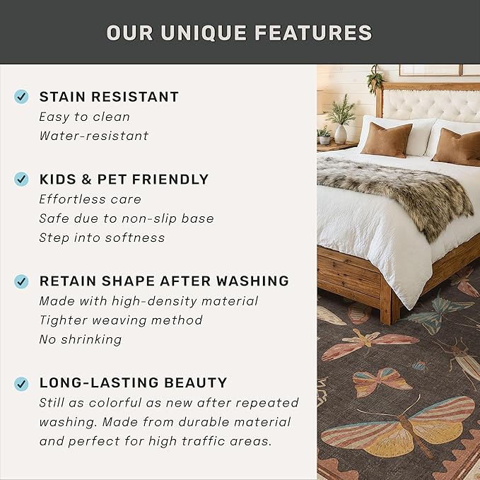 Brown Large 8x10 Living Room Area Rug, Unique Washable Insect Rugs for Bedroom, Stain Resistant Farmhouse Carpet for Dining Room, Whimsical Home Décor, Low Pile & Soft Mat