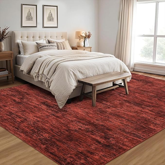 RUGSREAL Living Room Area Rug 9x12 Washable Rug Non-Slip Stain Resistant Modern Abstract Bedroom Rug Contemporary Throw Floor Carpet for Dining Room Solid Area Rug for Home Office, Red