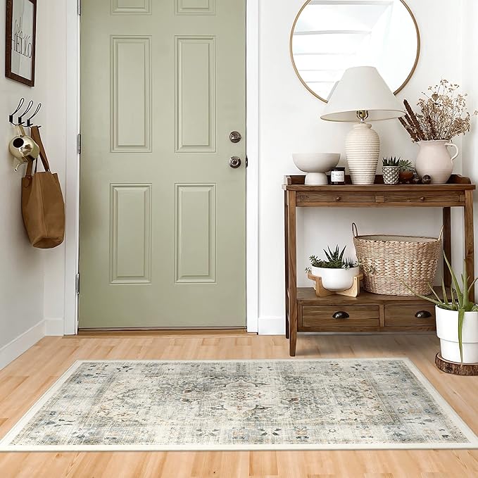 RUGGABLE Washable Vintage Area Rug – Sarrah Sage 4x6, Stain-Resistant, Non-Slip – Medium Machine Washable Rugs for Living Room, Bedroom, Hallway, Entryway & Office–with Standard Pad
