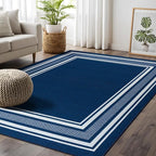 Beverly Rug Non Slip Area Rugs 3x3 Modern Bordered Non Skid Rubber Backing Soft Area Rug for Living Dining Room Easy to Clean Non Shedding Kitchen Bedroom Indoor Carpet 3 x 3 Navy