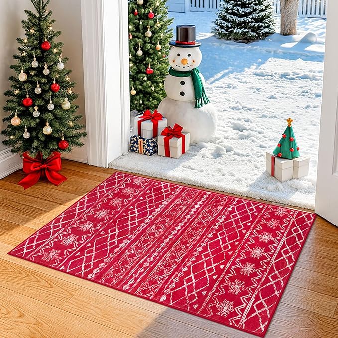 KUTA Christmas Rugs for Entryway, 2x3 Entrance Small Area Rug Red Non-Slip Washable, Ultra Soft Vintage Geometric Low-Pile Indoor Door Mat Floor Carpet for Kitchen