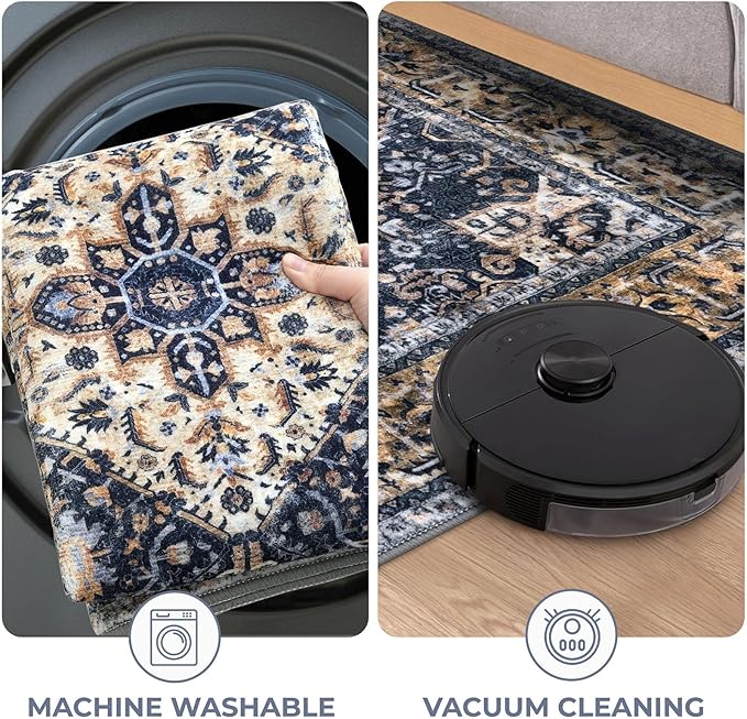 KOZYFLY Boho Area Rug 9x12 Ft Thin Rugs for Living Room Washable Bedroom Rug Non Slip Rugs for Living Room Gold Navy Printed Faux Wool Vintage Bedroom Rug Floor Carpet for Dining Room