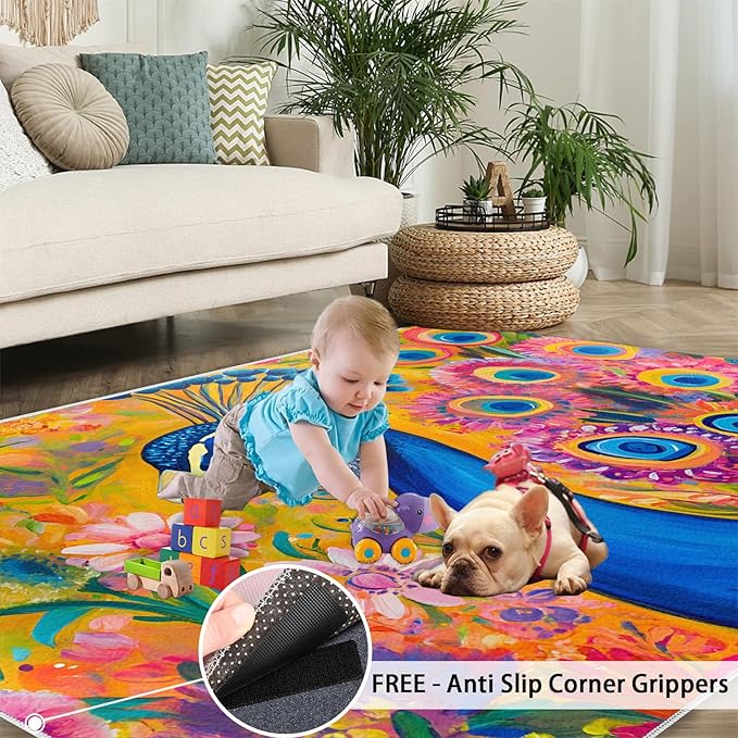 Peacock Rugs for Living Room - 2x3 Rug, Boho Floral Botanical Area Rugs for Bedroom, Wonderful Peacock Rug, Peafowl Washable Carpet, Floral Animal Carpet - Peafowl Home Decor & Gifts