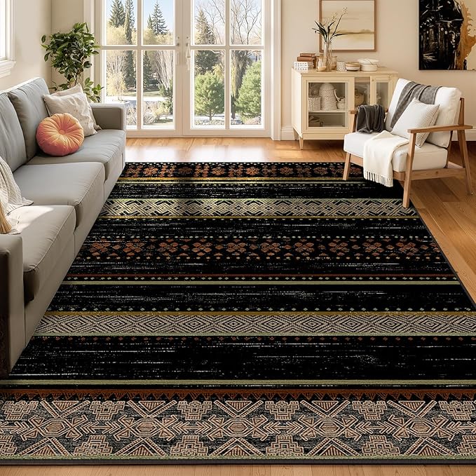 BESTSWEETIE 8x10 Area Rugs for Living Room Washable Moroccan Farmhouse Neutral Geometric Low Pile Non-Slip Soft Print Pattern Rug for Bedroom Kitchen Dining Room Entryway Black/Red/Brown/Cream/Yellow