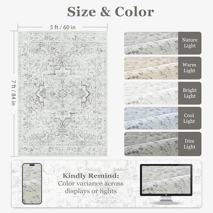 Distressed Farmhouse 5x7 Area Rugs for Living Room Bedroom Non Slip Washable, Medallion Pattern Printed Low Pile Thin Carpet Rugs for Dining Room/Kitchen/Home Office, Off White/Grey