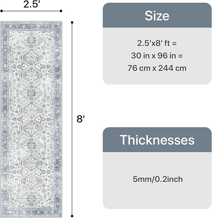 Bavni Washable Runner Rug 2’6”x8’, Non Slip Vintage Hallway Runner, Ultra Thin Low Pile Washable Carpet for Kitchen Entryway Bedroom, Light Blue