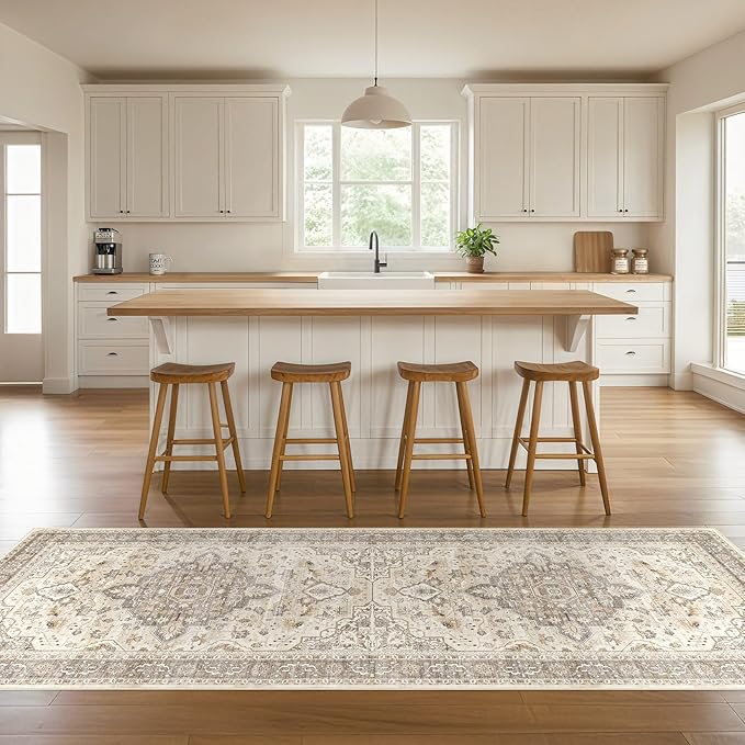 Runner Rug Kitchen Washable Rugs: 3x8 Non-Slip Boho Soft Vintage Stain Resistant Indoor Floor Neutral Farmhouse Throw Carpet for Hallway Bathroom Laundry Room Entryway Bedroom- Brown
