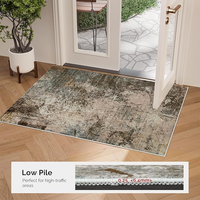 Small Rug with Abstract Pattern for Entryway Short Pile with Non-Slip Backing Throw Rugs, Foldable Kitchen Bathroom Rugs 2x3 FT Brown