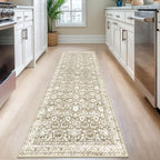 Vintage Floral 2.6x8 Runner Rug, Beige Tan White Washable Kitchen Runner Rug Non-Slip Hallway Rug Runner Thin Printed Faux Wool Super Soft Carpet for Entryway Bedroom Laundry Room Indoor