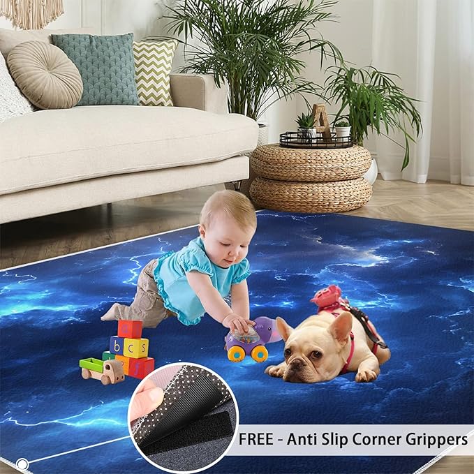 5x8 Lightning Kids Rug - Natural Weather Dining Room Rug, Thunderstorm Lightning Area Rugs Indoor Modern Rugs for Bedroom Hardwood Floors Teen Room