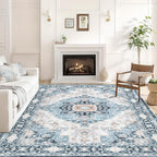 Washable 9×12 Area Rug for Living Room, Vintage Floral Rug Soft Non Slip Stain Resistant Boho Carpet for Indoor Bedroom Dinning Room Home Office Blue/Ivory