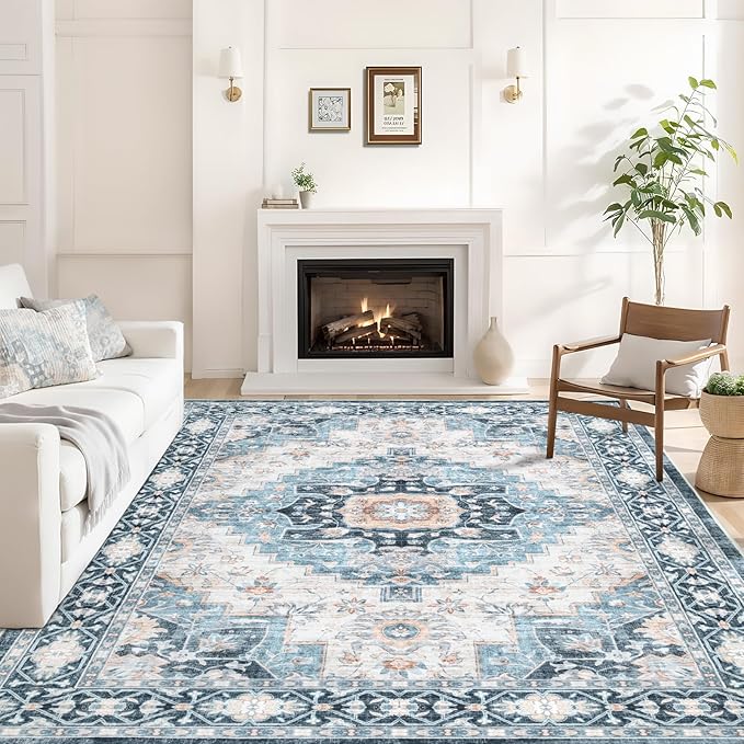Washable 9×12 Area Rug for Living Room, Vintage Floral Rug Soft Non Slip Stain Resistant Boho Carpet for Indoor Bedroom Dinning Room Home Office Blue/Ivory