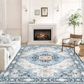 Washable 6×9 Area Rug for Living Room, Vintage Floral Rug Soft Non Slip Stain Resistant Boho Carpet for Indoor Bedroom Dinning Room Home Office Blue/Ivory