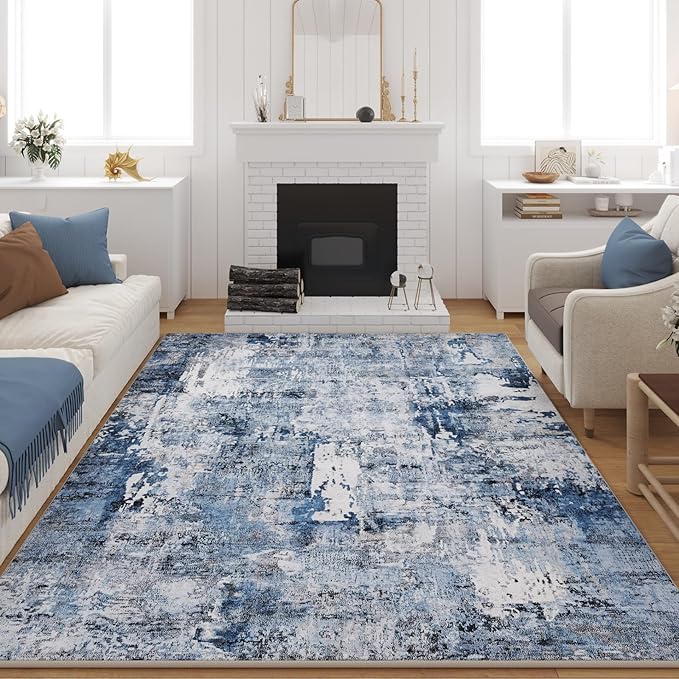 Rugcomf 9x12 Boho Rug Soft Area Rug Non-Slip Non-Shedding Faux Wool Vintage Rug for Living Room, Dining Room, Kids Playroom, Blue