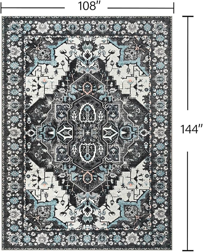 YJ.GWL Area Rugs for Living Room 9x12 Machine Washable Rugs, Non Slip Floral Vintage Rug Indoor Carpet, Stain Resistant Large Rug for Bedroom Dining Room, Black Grey Blue