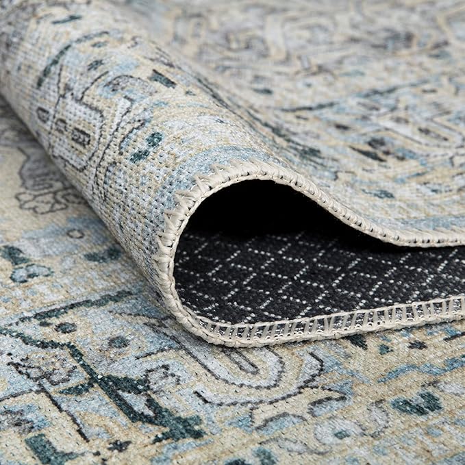 Bloom Rugs Washable Non-Slip 12 ft Runner - Cream/Light Blue/Teal Traditional Medallion Runner for Entryway, Hallway, Bathroom, and Kitchen - Exact Size: 2.5' x 12'