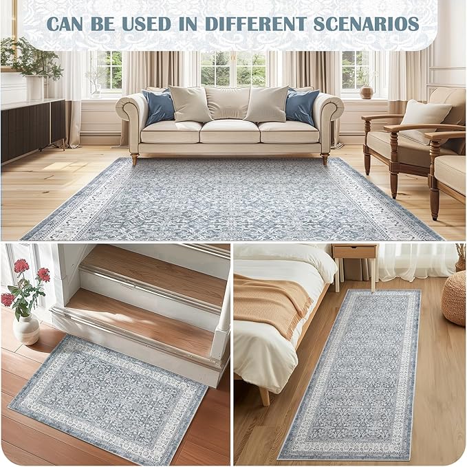 jinchan Hallway Runner Rug 3x10 - Machine Washable Grey Vintage Floral Distressed Design Soft Non-Slip Low-Pile Ultra-Thin Runner Rug for Kitchen Laundry Room Bedroom Farmhouse (3‘x10', Grey)