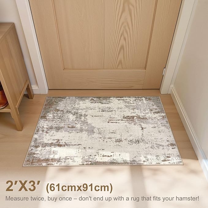 2x3 Entryway Area Rug: Washable Neutral Modern Abstract Small Rug - Non-Slip Low Pile Throw Indoor Carpet for Entrance Kitchen Front Door Mat Bathroom Entry Kids Room - Brown/Grey/Beige