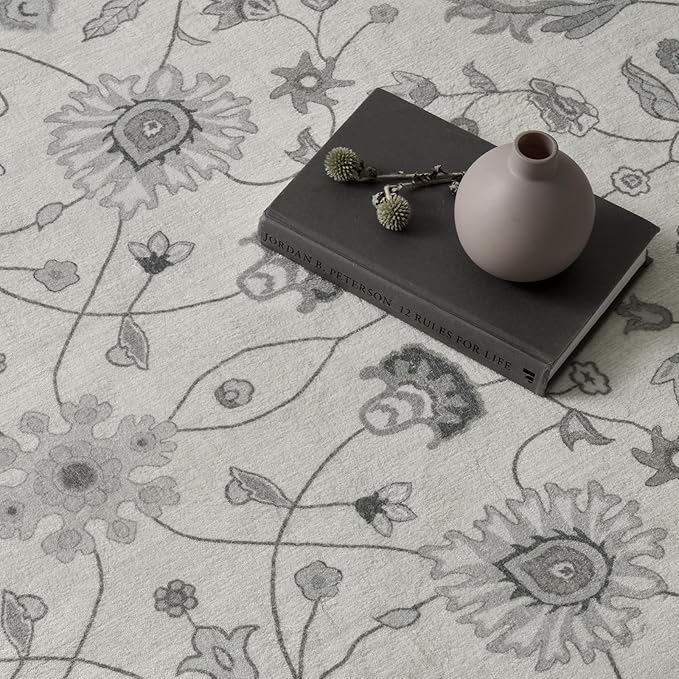EVERGRACE Area Rugs for Living Room 3x5, Boho Floral Faux Wool Indoor Outdoor Rugs, Washable Rugs for Bedroom Entryway Dining Room Hallyway, Low Pile Floor Mat Carpet for Home Decor, Cool Gray