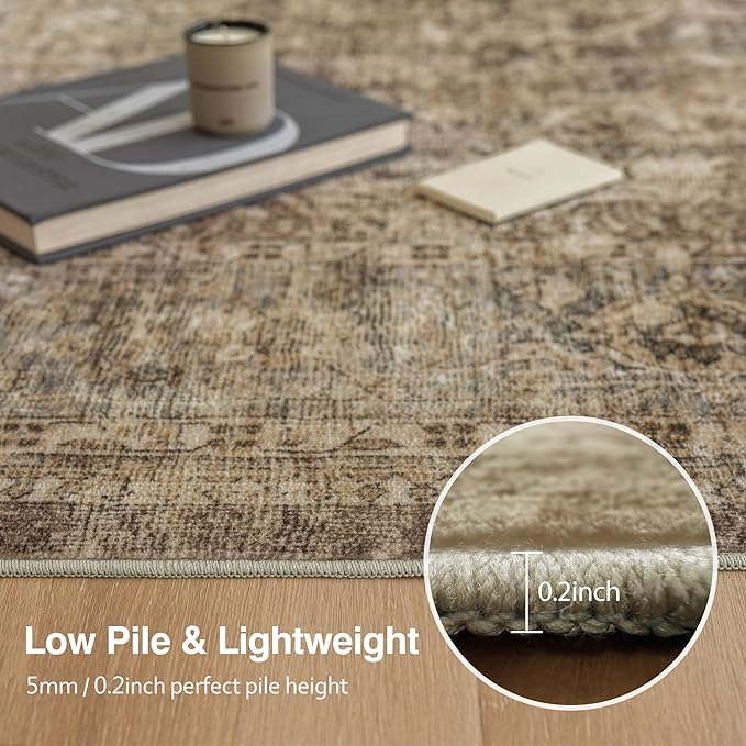 FMFUNCTEX 4x5 Washable Area Rug Neutral Vintage Brown Non Slip Low Pile Traditional Indoor Carpet for Entryway Living Room Bedroom Soft Retro Floral Mat Throw Rug for Dining Office Kitchen Entryway