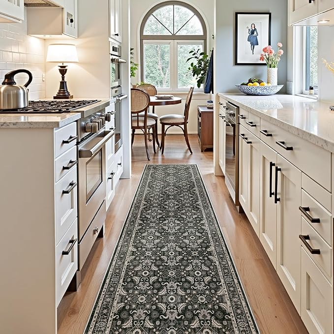 WITSHOCK Living Room Area Rugs 3x10: Soft Non-Slip Backing Washable Rugs Vintage Large Carpet for Bedroom Office Dining Room Kitchen Stain Resistant Home Decor Rug,Black