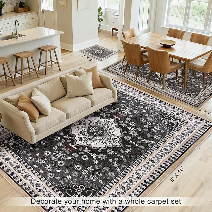 Luxury 8' x 10' Black Washable Area Rugs, Boho Low Pile Easy Clean Non-Slip Rug, Floral Medallion Pattern Vintage Rugs for Living Room, Dinning Room, Office, Bedroom, Bathroom, Laundry Room, Farmhouse