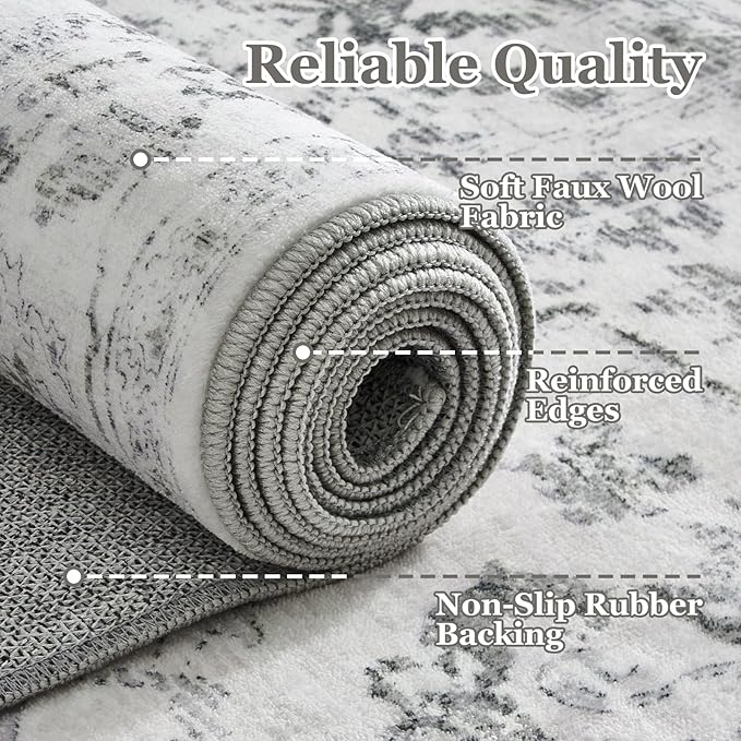 Distressed 2x3 Kitchen Rugs Washable Non Slip, Transitional Farmhouse Door Mat Indoor Entrance Entryway, Small Low Pile Rugs for Bedroom/Bathroom Vanity/Laundry Room, Off White/Light Grey