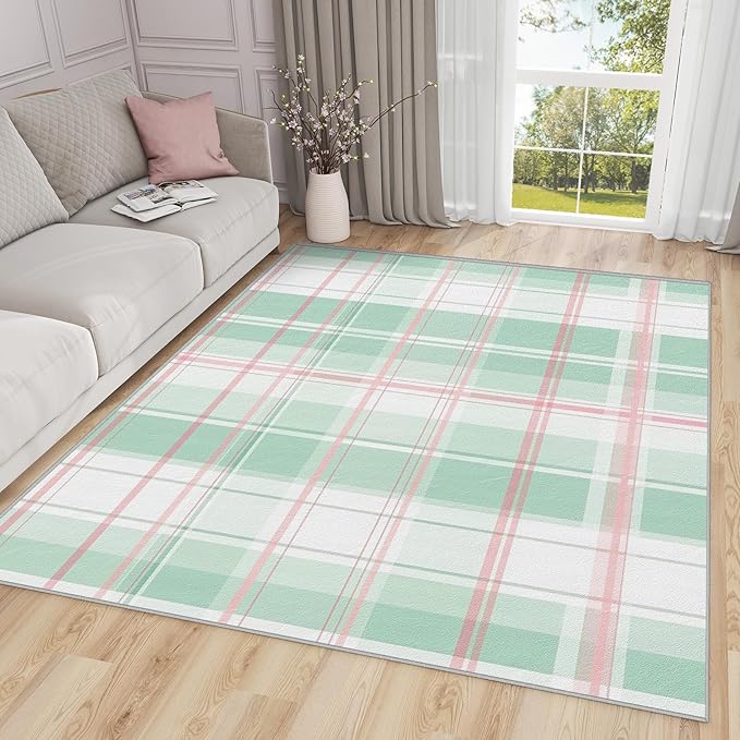 5x7 Rug Washable - Plaid Rugs for Living Room, Mint Green Tartan Gingham Non Slip Low Pile Area Rugs for Bedroom, Plaid Carpet Home Decor & Gifts