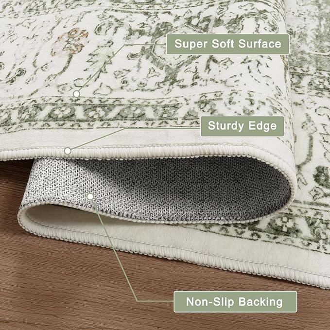LIVEBOX Sage Green Runner Rug Non-Slip 2.5x8 - Oriental Bedroom Rugs Long Hallway Rugs for Home Decor, Low-Pile Vintage Carpet for Bathroom, Non-Slip Soft Carpet Throw Rug for Laundry Room