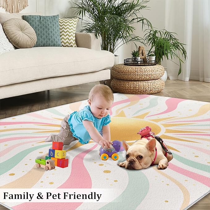 Boho Sun Area Rugs 5x8ft, Minimalist Sunburst Living Room Carpet, Abstraction Deco Decorative Carpet Protect Floor for Bedroom Men Office Hardwood Floors