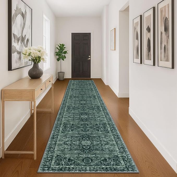KOZYFLY Runners for Hallways 3x16 Ft Extra Long Washable Faux Wool Thin Hallway Rug Printed Carpet for Entryway Bedroom Staircase Kitchen Laundry Room Floor Decor, Dark Green