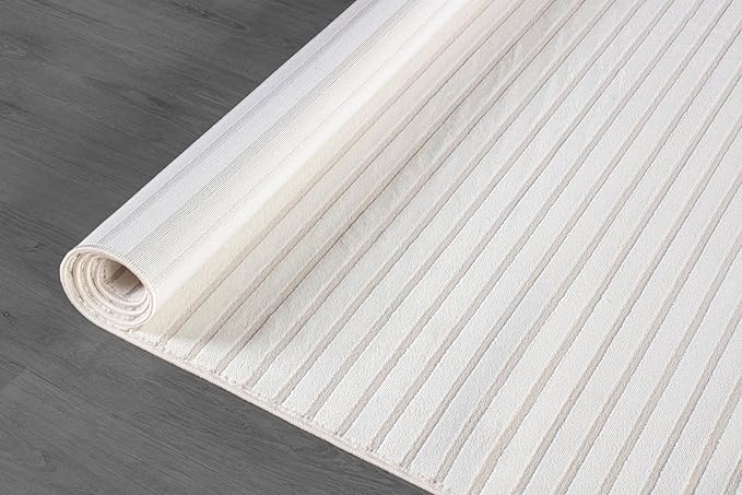 Beverly Rug Modern Geometric Area Rug 4x6 Low-High Pile Durable Soft Abstract Striped Indoor Rugs for Living Dining Room Office Stain Resistant Non Shedding Casual Indoor Carpet Beige White 4 x 6