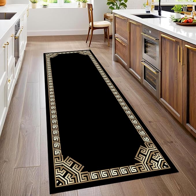 Greek Key Runner Rugs, 2x7ft, Vintage Traditional Tribal Black and Gold Color Stain Resistant Long Rug Runners, Entryways Non Slip Washable Sturdy Room Decor Mat for Kitchen Bedroom