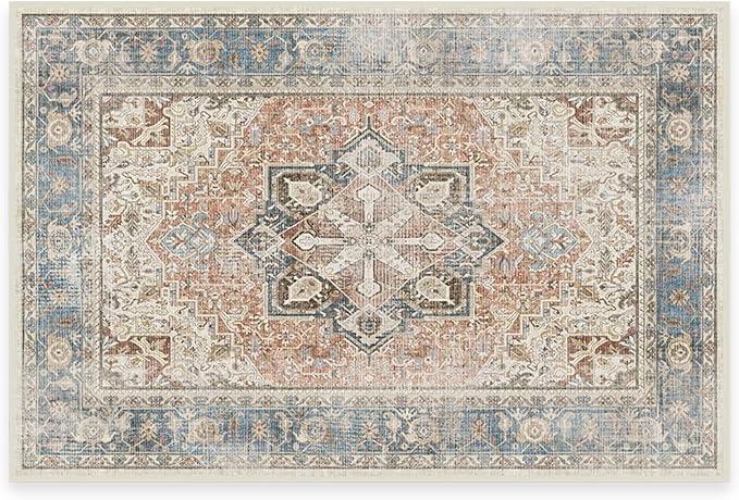 RUGGABLE Washable Vintage Area Rug – Kamran Coral 3x5, Stain-Resistant, Non-Slip – Small Machine Washable Rugs for Living Room, Bedroom, Hallway, Entryway & Office–with Standard Pad