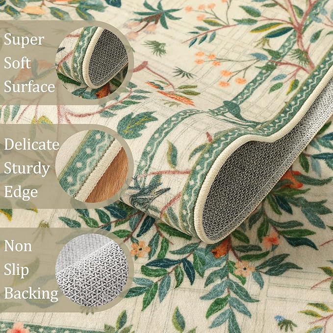 Morebes Boho Floral Washable Runner Rug 2x6, Flower Bathroom Sage Green Runner Rugs for Hallway Non Slip, Soft Botanical Birds Indoor Throw Carpet for Entry Bedroom Laundry Room