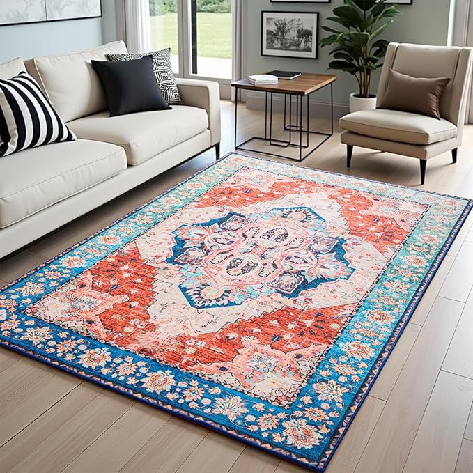 5x7 Washable Rug – Boho Non-Slip Indoor Area Rug for Living Room, Bedroom, Dining Room, Entryway – Red and Blue Vintage Medallion Pattern