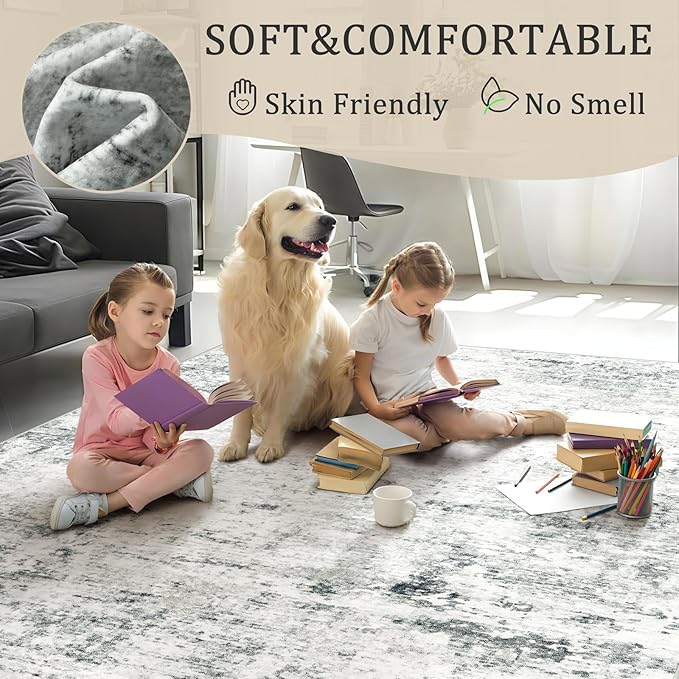 3x5 Machine Washable Area Rug for Entryway, Grey Modern Vintage Abstract Rug Non-Slip Low Pile Soft Faux Wool Small Carpet, Kids and Pets Friendly for Bedroom Kitchen Hallway Home Decor Rug