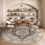 Tangsoo Vintage Round Rug 6ft, Washable Circle Rug, Non Slip Boho Round Area Rug,Low Pile Circular Rugs,Large Round Rugs Carpet for Livingroom,Bedroom,Nursery,Dorm,Office,Brown/Grey