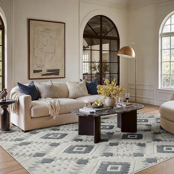 Ivory Grey 5x7 Area Rug Washable Living Room Moroccan Shag Carpet Non Slip Soft Neutral Boho Plush Pile Large Throw Rug for Kitchen Office Dining Room Bedroom Laundry