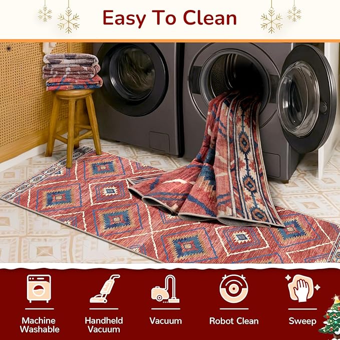 Area Rug 3x5 Rug Machine Washable Non-Slip Low Pile Print Pattern Western Rug for Living Room Bedroom Entryway Tribal Series -Red/Orange