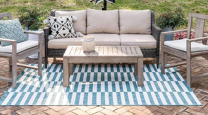 Unique Loom Outdoor Collection Classic Stripes, Transitional Indoor & Outdoor Area Rug, Rectangular 8' 0 x 11' 0 Teal/ Ivory