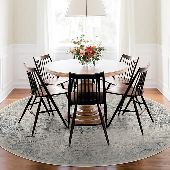 RUGGABLE Washable Vintage Area Rug – Kamran Blue Quartz 6 ft Round, Stain-Resistant, Non-Slip – Medium Machine Washable Rugs for Living Room, Bedroom, Hallway, Entryway & Office–with Cushioned Pad