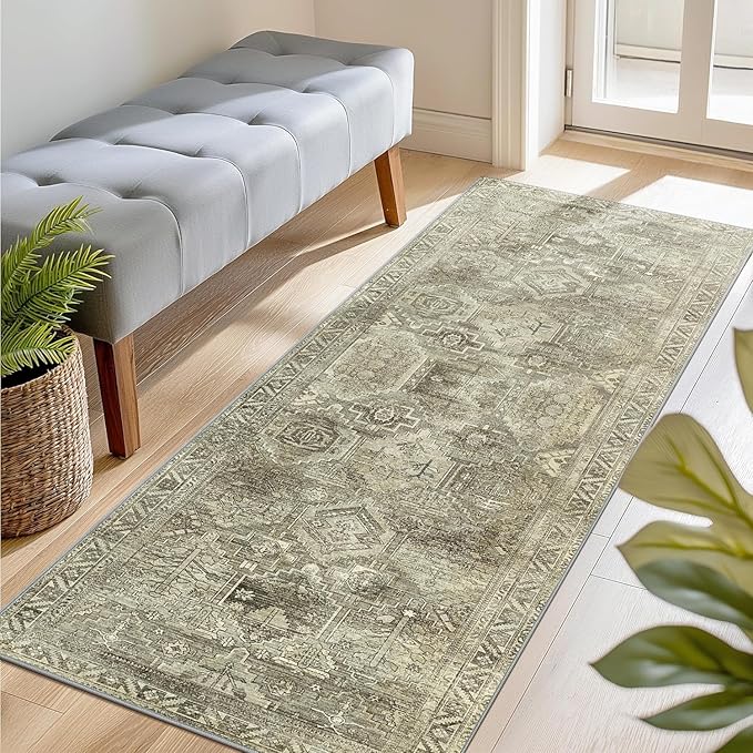 Bavni Runner Rug 2x10, Low Pile Machine Washable Rugs for Hallways, Kitchen, Bedroom, Non Slip Aesthetic Vintage Distressed Print Lightweight Durable Chenille 2x10 Mat, Forgotten Sandstone