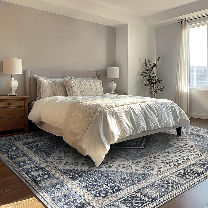 GENIMO 8x10 Area Rugs for Living Room, Machine Washable Non Slip Vintage Rugs, Low Pile Lightweight Chenille Print Rug for Bedroom, Dining Room, Home Office, Navy/Cream
