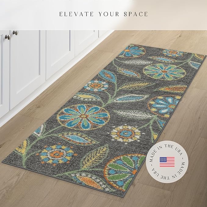 Maples Rugs Reggie Floral Runner Rug - Made in USA - Washable, Non Slip Indoor Carpet for Kitchen, Hallway, and Laundry Room, 2' x 5', Dark Grey