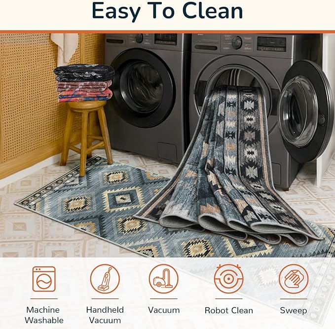 Area Rug 5x7 Rug Machine Washable Rug Non-Slip Low Pile Print Pattern Western Rug for Living Room Bedroom Entryway Tribal Series -Navy/Grey